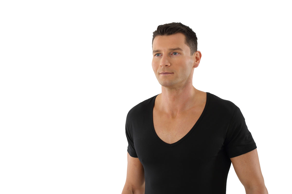 Herren Deep V-Unterhemd Kurzarm Schwarz Performance Merino-TENCEL™ Auckland