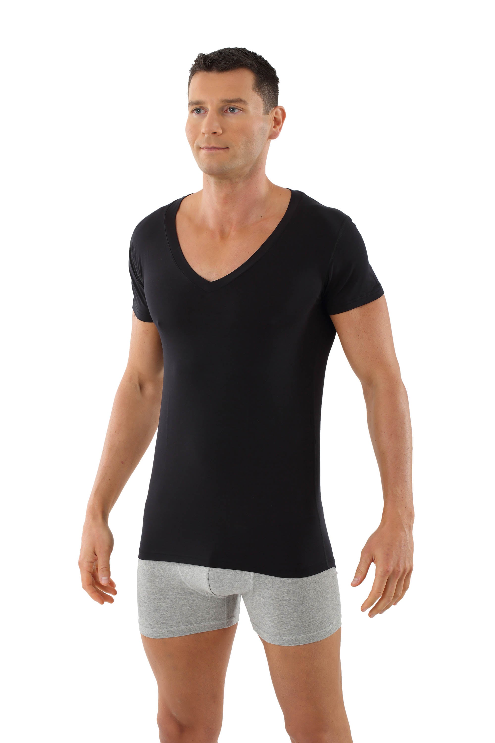 Herren Unterhemd-Light Deep-V-Neck Kurzarm Schwarz Stuttgart