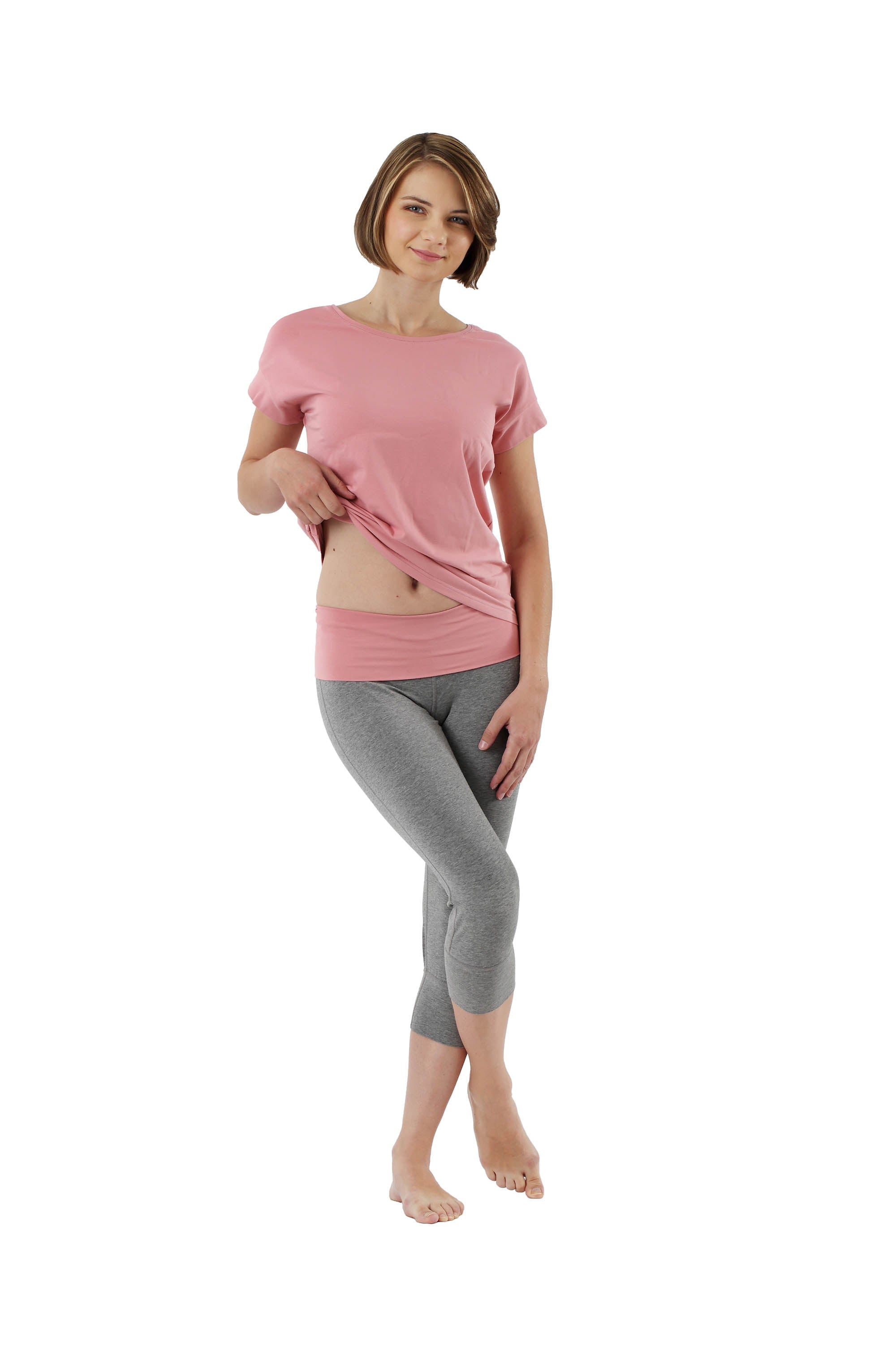 Damen Schlafanzug 3/4 Hose und Kurzarm-Shirt Stretch-Baumwolle rosa-grau