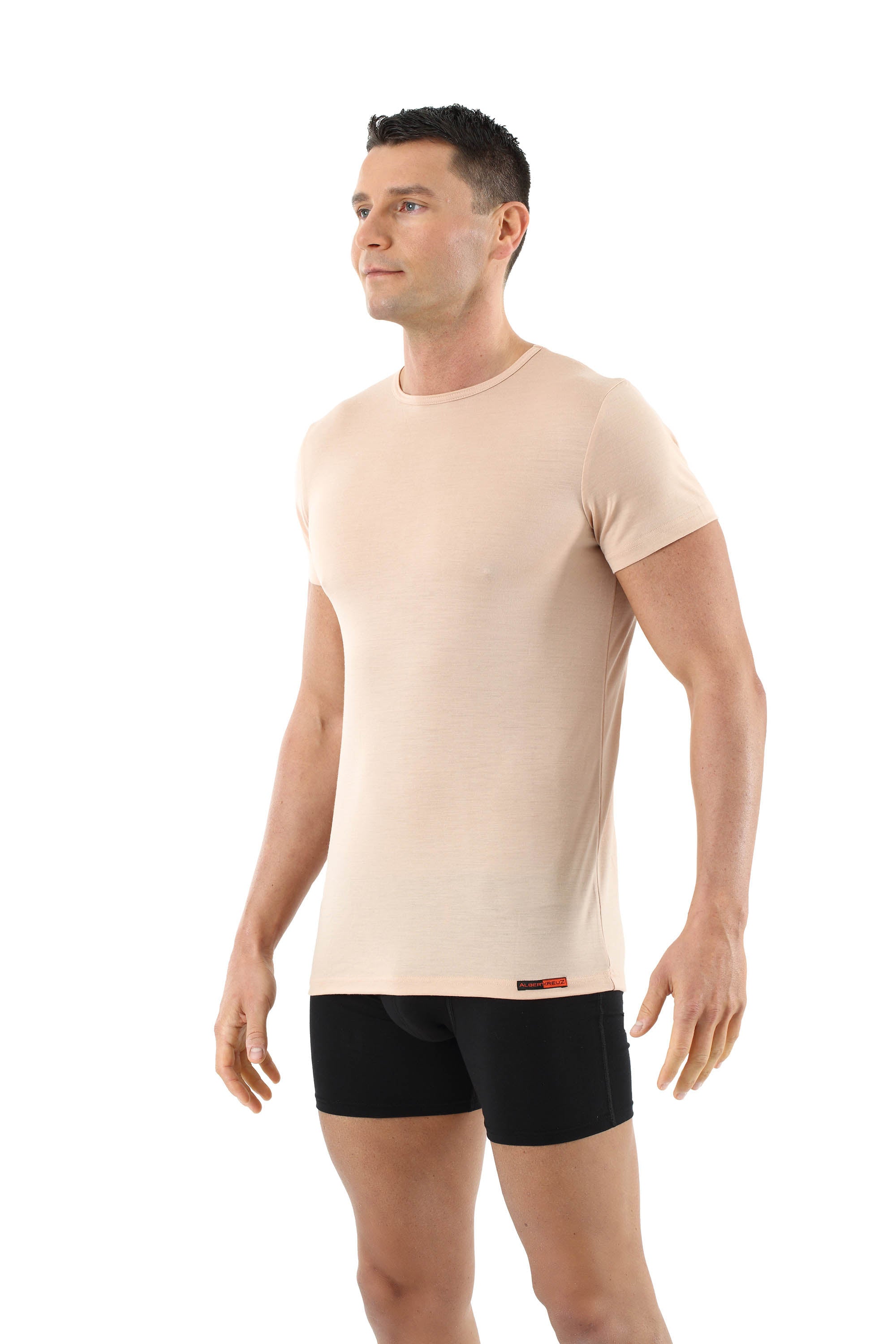 Herren Unterhemd Merino Wolle Kurzarm Rundhals unsichtbar Hautfarbe