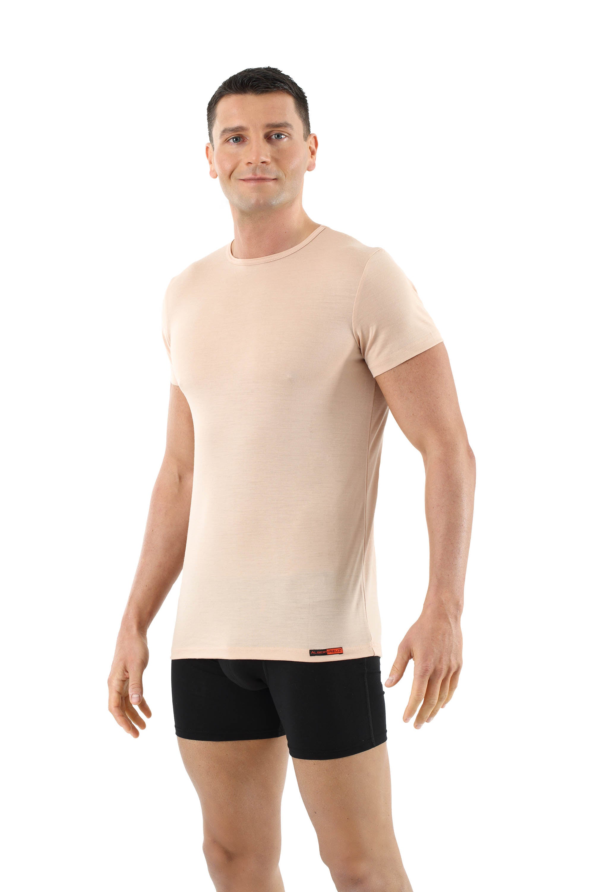 Herren Unterhemd Merino Wolle Mulesing-frei Kurzarm Rundhals unsichtbar Hautfarbe