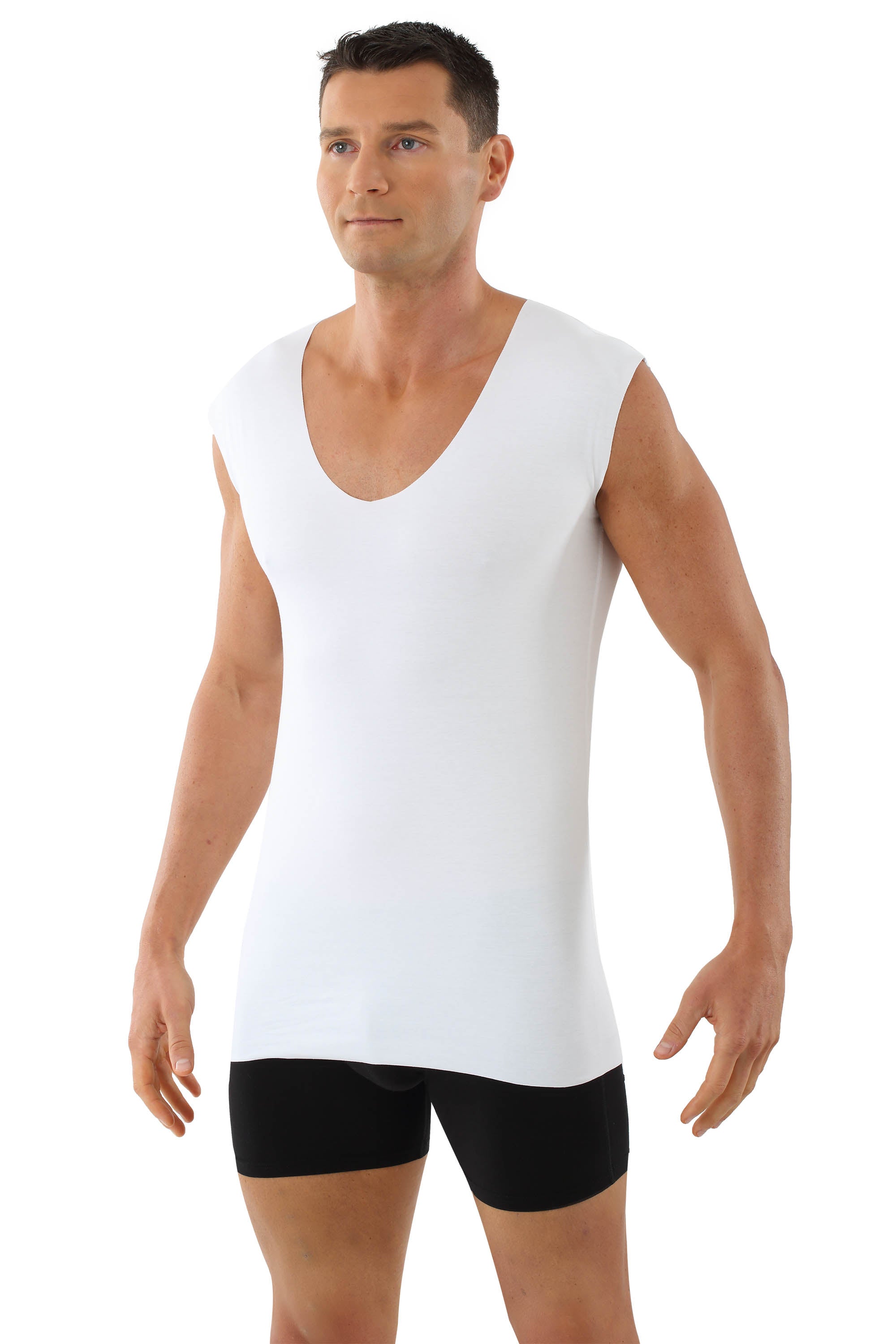 Herren Unterhemd Lasercut ohne Saum Clean Cut Deep-V ohne Arm weiß