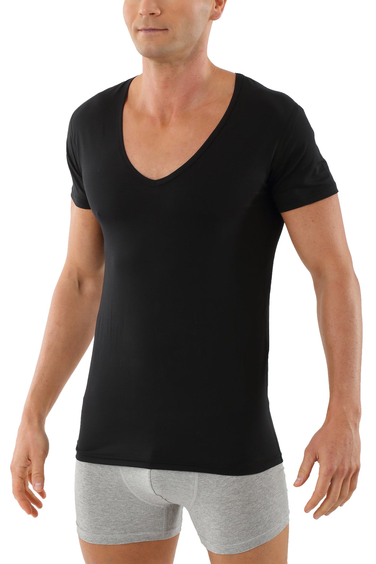 Herren Deep V-Unterhemd Kurzarm Schwarz Performance Merino-TENCEL™ Auckland