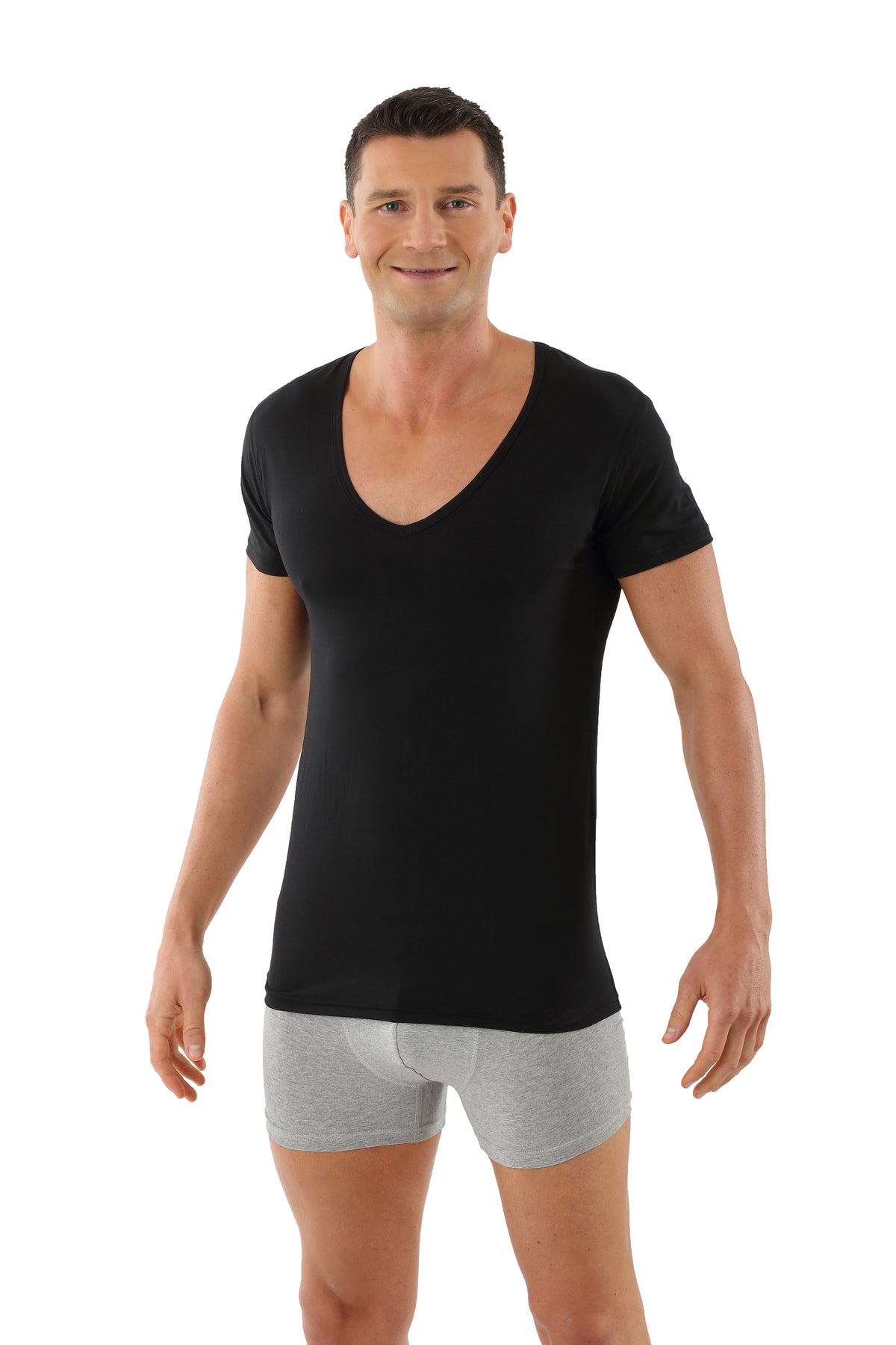 Herren Deep V-Unterhemd Kurzarm Schwarz Performance Merino-TENCEL™ Auckland