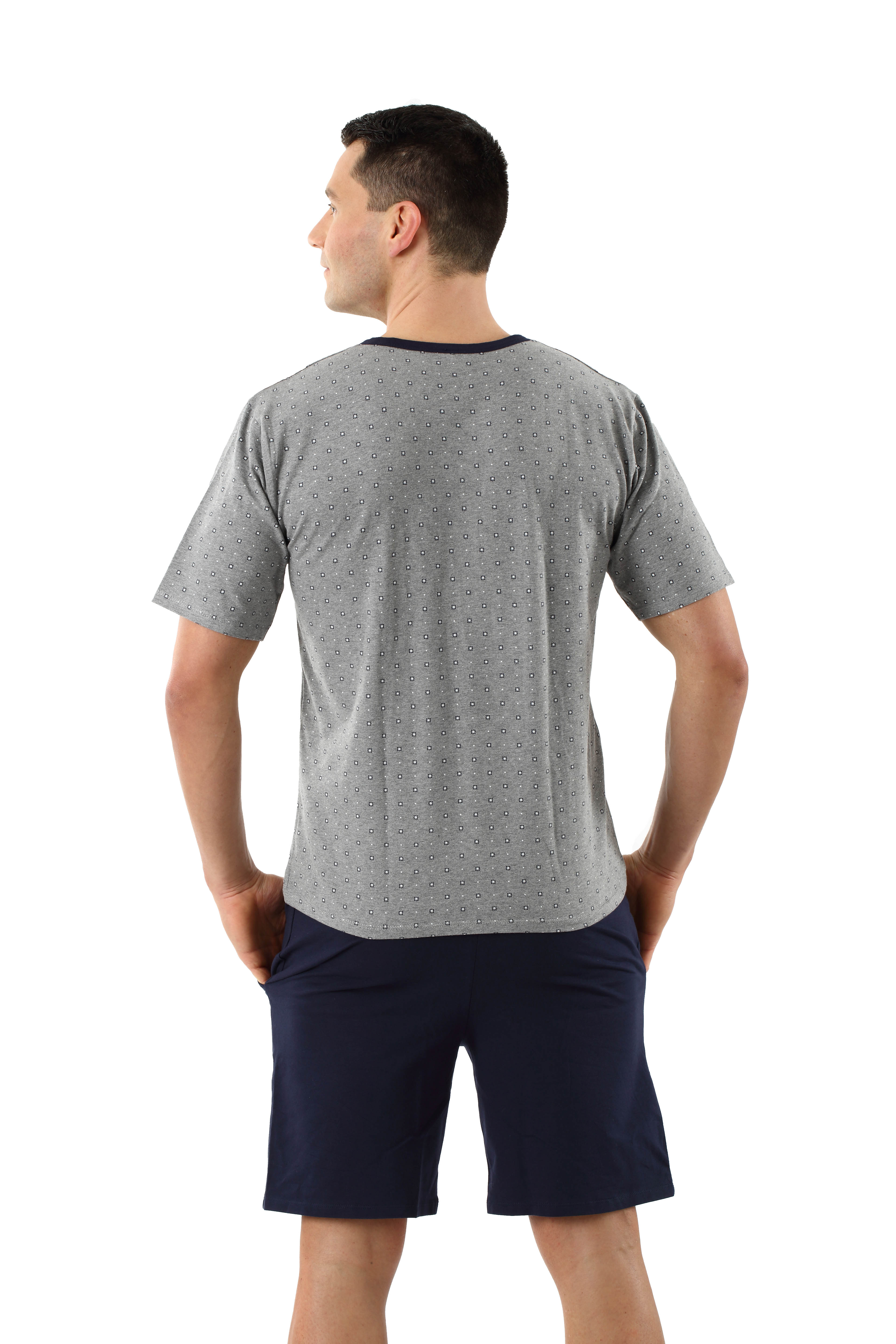 Herren Schlafanzug Kurzarm mit kurzen Hosen Stretch-Baumwolle, Marine-Grau gemustert