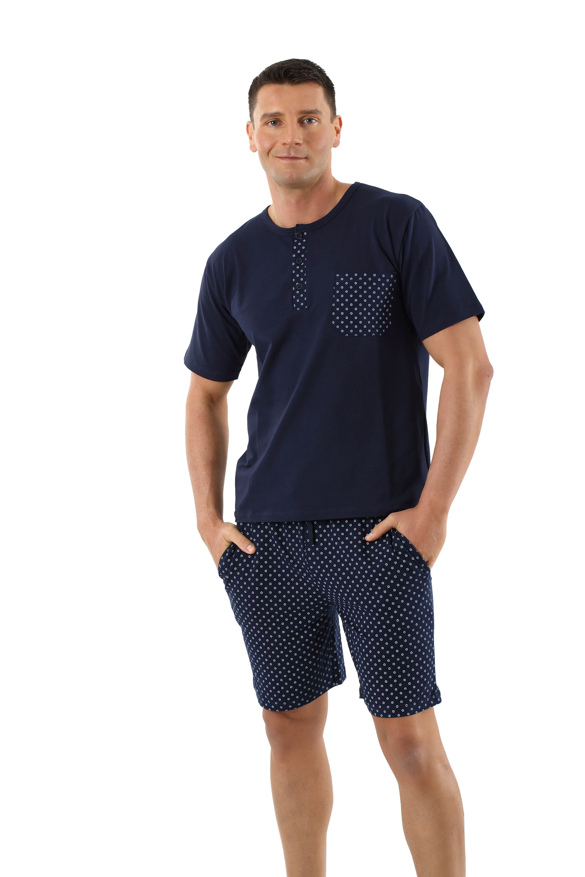 Herren Schlafanzug Kurzarm mit kurzen Hosen Stretch-Baumwolle, Marine gemustert