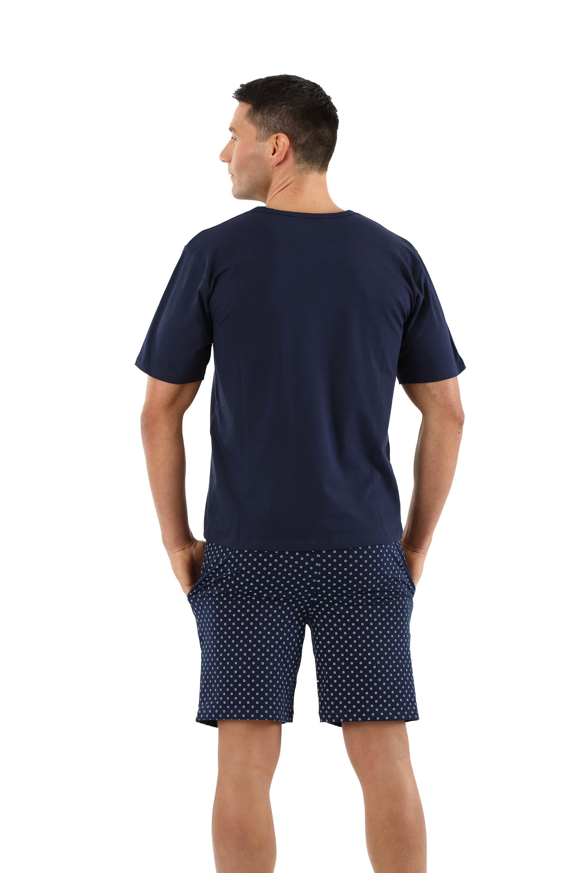 Herren Schlafanzug Kurzarm mit kurzen Hosen Stretch-Baumwolle, Marine gemustert