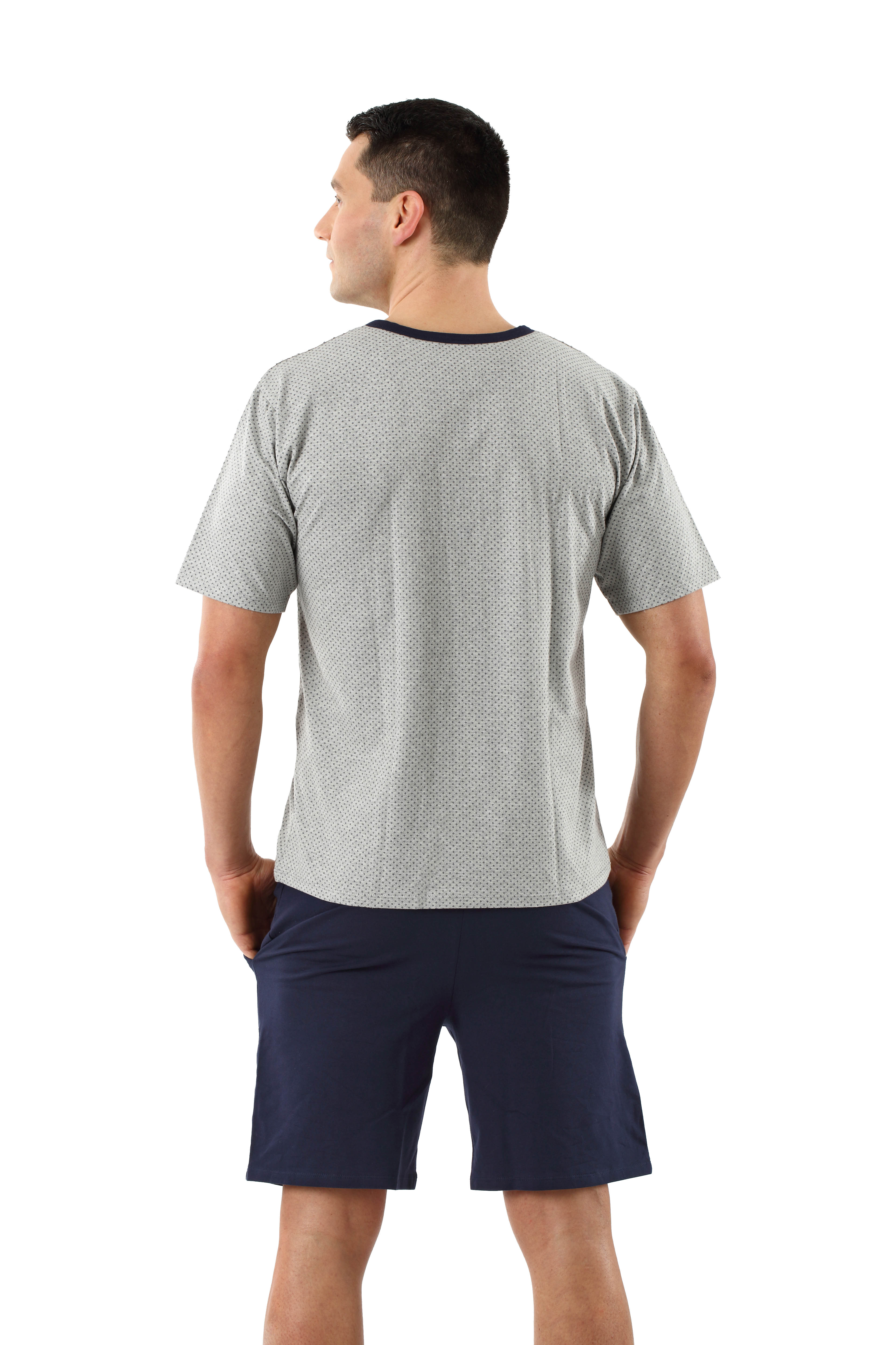 Herren Schlafanzug Kurzarm mit kurzen Hosen Stretch-Baumwolle, Marine-Grau gemustert