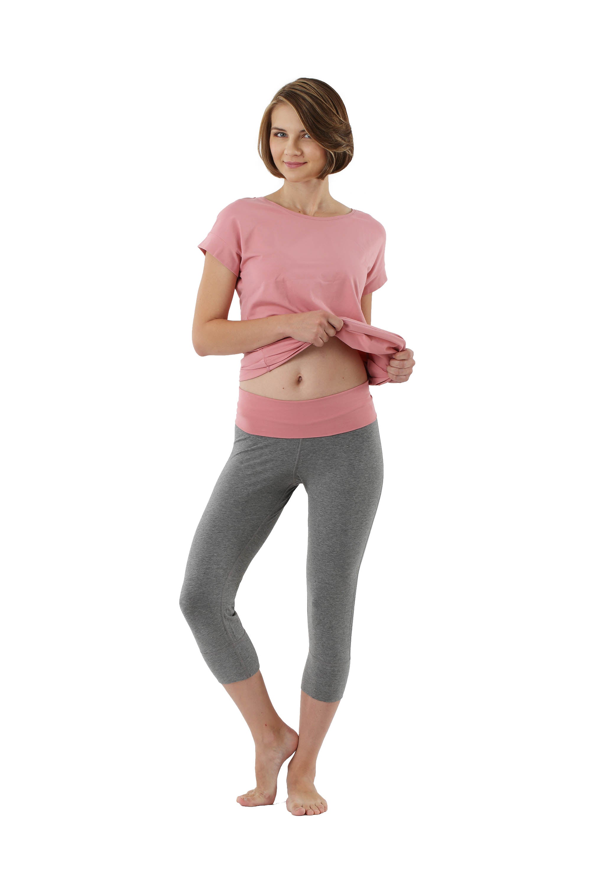 Damen Schlafanzug 3/4 Hose und Kurzarm-Shirt Stretch-Baumwolle rosa-grau