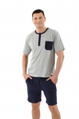 Herren Schlafanzug Kurzarm mit kurzen Hosen Stretch-Baumwolle, Marine - Grau gemustert 