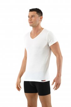Herren Unterhemd Merino Wolle Mulesing-frei Kurzarm V-Ausschnitt Woll-Weiß 