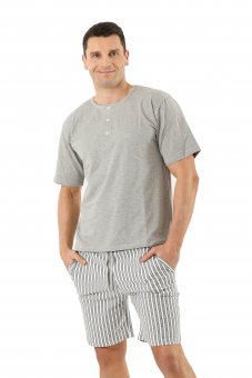 Herren Schlafanzug Kurzarm mit kurzen Hosen Stretch-Baumwolle, Grau gemustert 