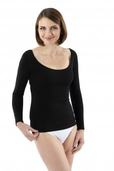 Damen Langarm Unterhemd mit tiefem weiten Ausschnitt Stretch-Baumwolle schwarz 