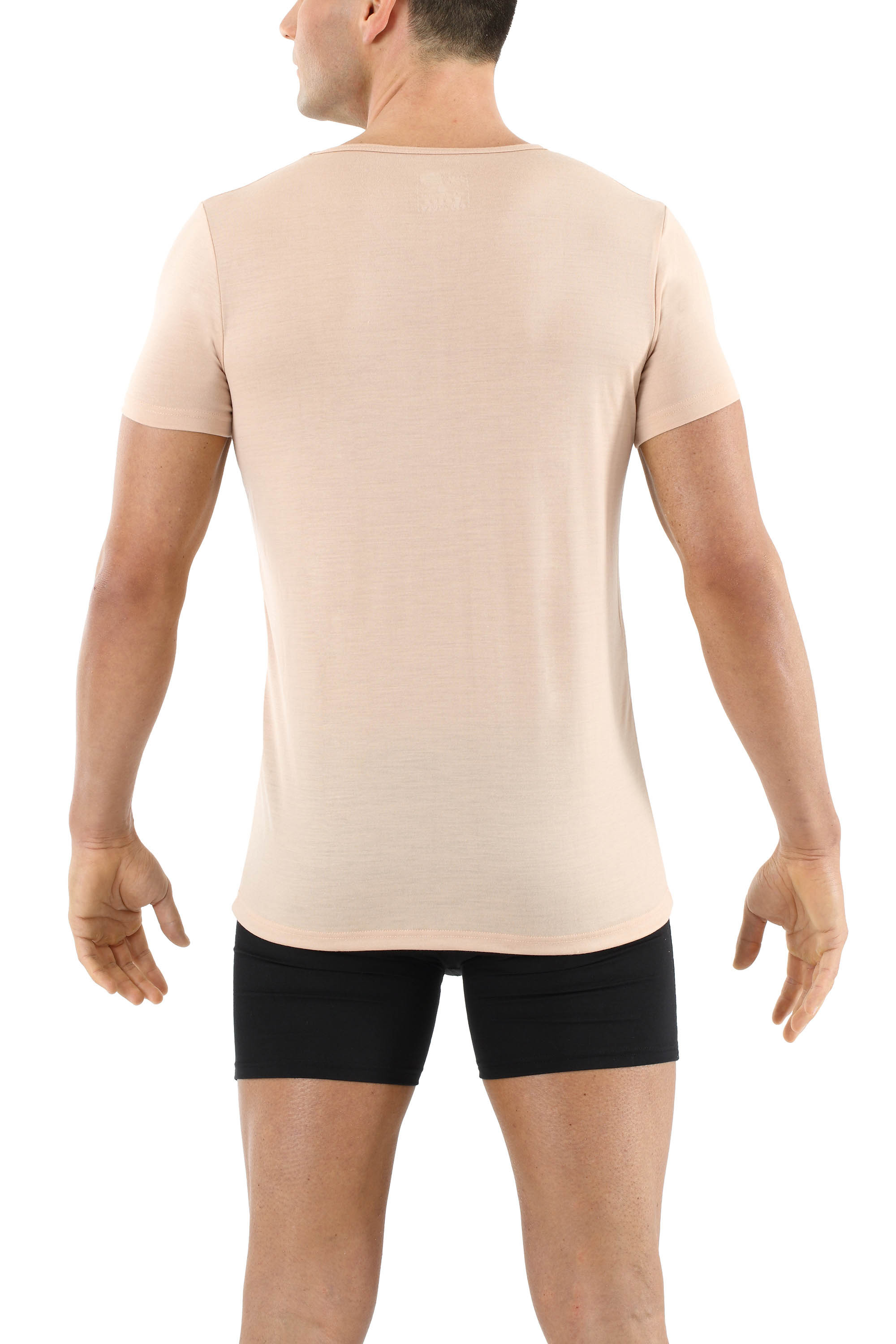 Herren Unterhemd Merino Wolle Kurzarm Deep-V-Neck unsichtbar Hautfarbe | ALBERT KREUZ